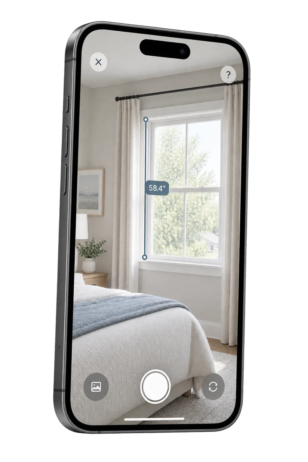 An iPhone using an Augmented Reality ruler to measure the vertical side of a bedroom window